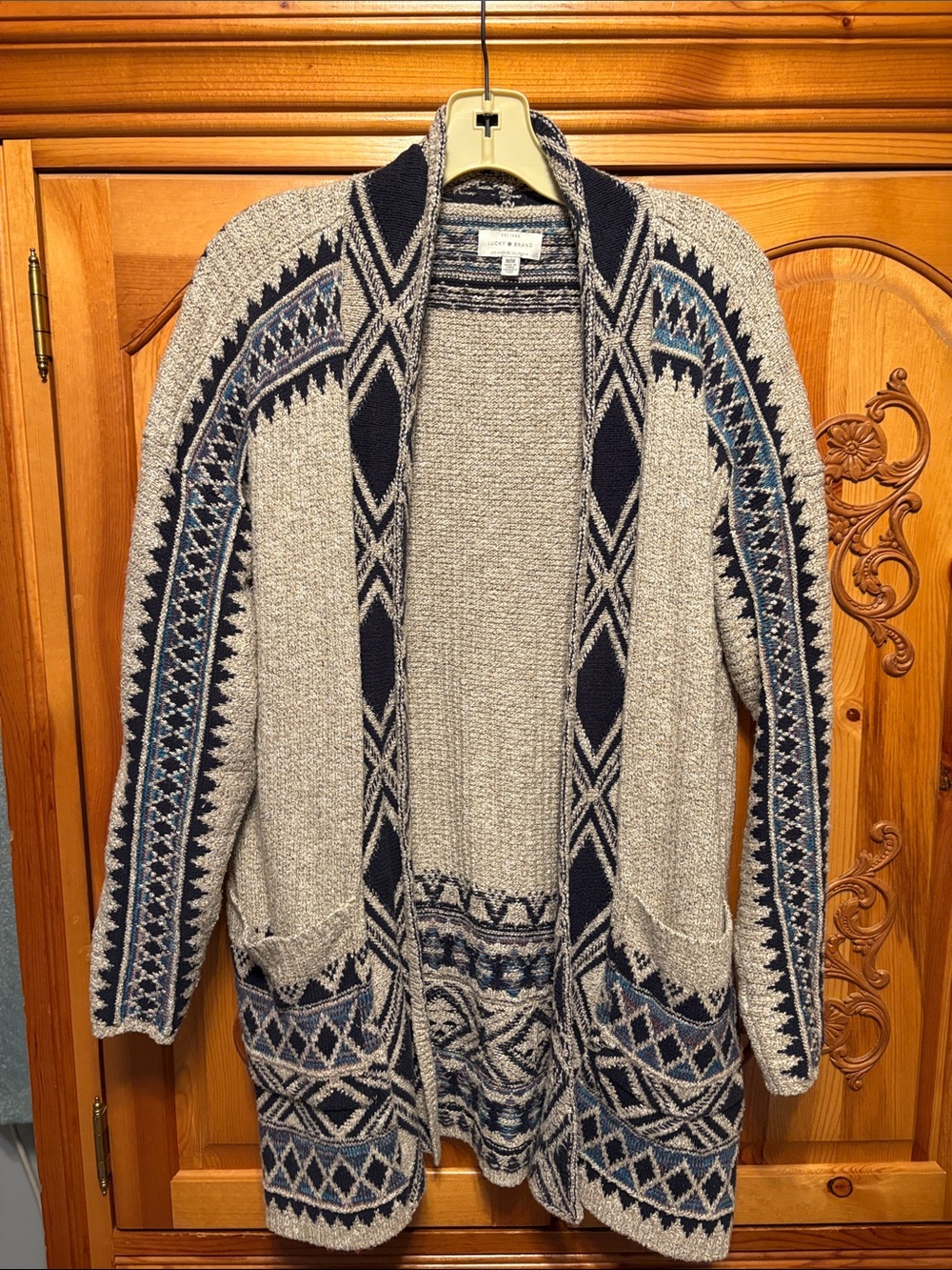 Lucky Brand navy and beige Patterned Open-Front Cardigan